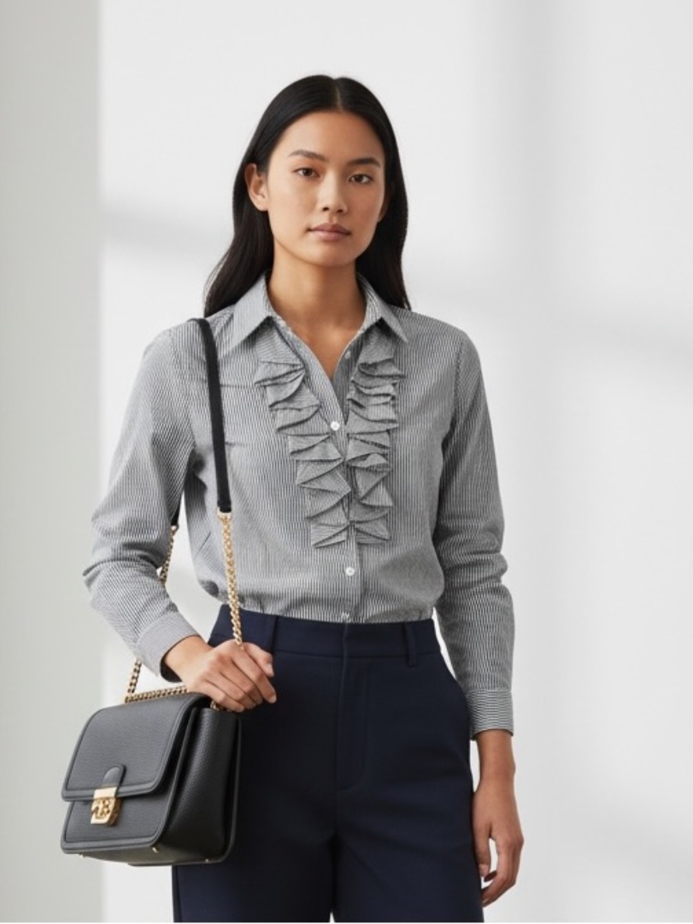 Lafayette 148 NY Black White Pinstripe Ruffle Front Blouse| SIZE 10 |100% Cotton